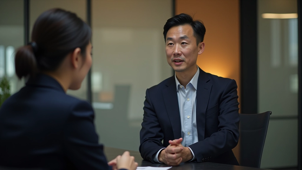 Leader having genuine conversation with team member in office setting, both focused and engaged